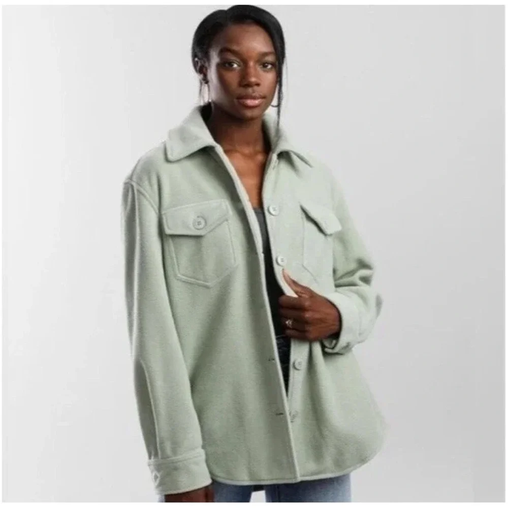 Joie Sage Green Fleece Shacket Jacket Medium Oversized Button Front Chartreuse - Picture 1 of 6